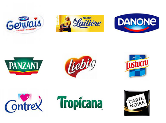 Logos des marques vendues chez Maxxilots : Gervais, La Laitière, Danone, Panzani, Liebig, Lustucru, Contrex, Tropicana, Carte Noire