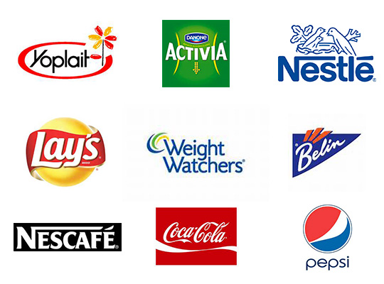 Logos des marques vendues chez Maxxilots : Yoplait, Activia, Nestlé, Lays, Weight Watchers, Belin, Nescafé, Coca-Cola, Pepsi