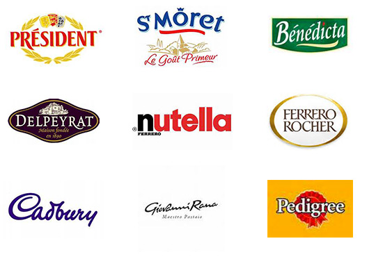 Logos des marques vendues chez Maxxilots : Président, St Moret, Bénédicta, Delpeyrat, Nutella, Ferrero Rocher, Cadbury, Giovanni Rana, Pedigree