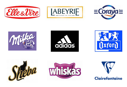 Logos des marques vendues chez Maxxilots : Elle & Vire, Labeyrie, Coraya, Adidas, Oxford, Milka, Sheba, Whiskas, Clairefontaine
